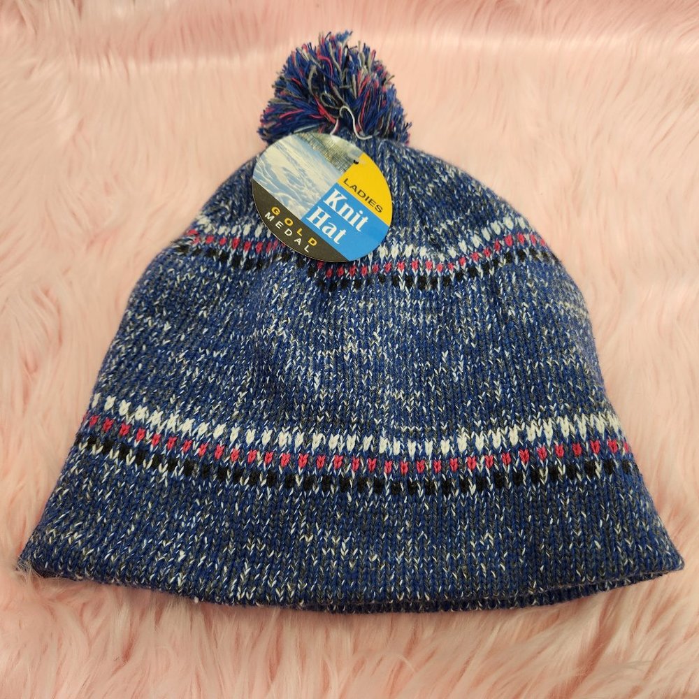 NWT Gold Medal Ladies Blue Knit Beanie Hat Pom Pom Fleece Lined